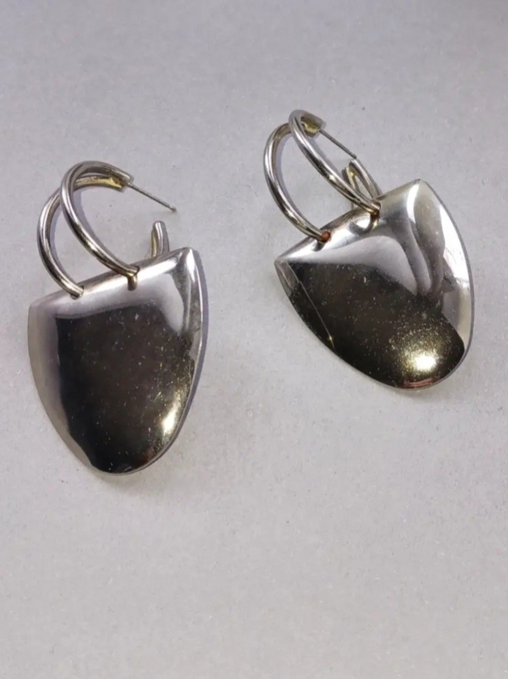 Vintage Silver Shield Drop Hoop Earrings - Polished Silver Tone